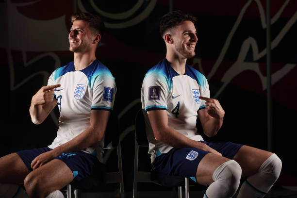 Mason Mount And Declan Rice best friends in football DOHA, QATAR - NOVEMBER 16: Mason Mount and Declan Rice of England take part in an interview during an England Media Session at Al Wakrah Stadium on November 16, 2022 in Doha, Qatar.