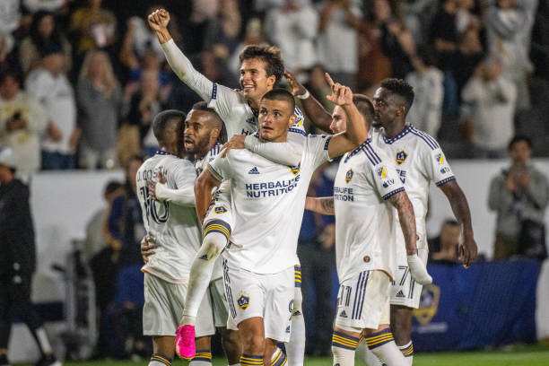 LA Galaxy top Soccer clubs in the MLS CARSON, CA - JULY 8: Riqui Puig #6 of Los Angeles Galaxy celebrates his goal with Dejan Jovelji #9 in the second half of the match against Philadelphia Union at Dignity Health Sports Park on July 8, 2023 in Los Angeles, California. Los Angeles Galaxy won the match 3-1