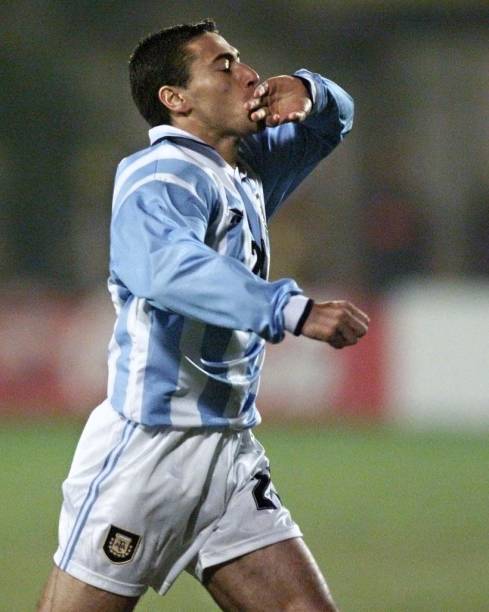 Argentina's Cristian 'Kily' Gonzalez celebrate the first goal during their group "C" Copa America game 07 July 1999 in Luque, Paraguay. Argentina defeated Uruguay 2-0