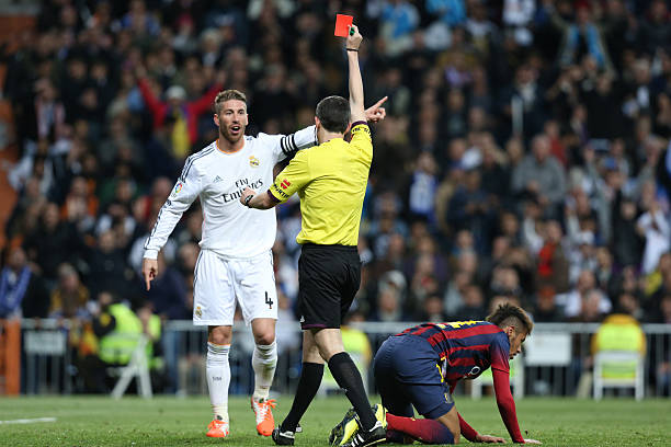 Sergio Ramos most red-carded players in history referee shows a red card to Sergio Ramos of Real Madrid during the La Liga football match between Real Madrid and FC Barcelona at Santiago Bernabeu stadium in Madrid, Spain, on March 23, 2014.