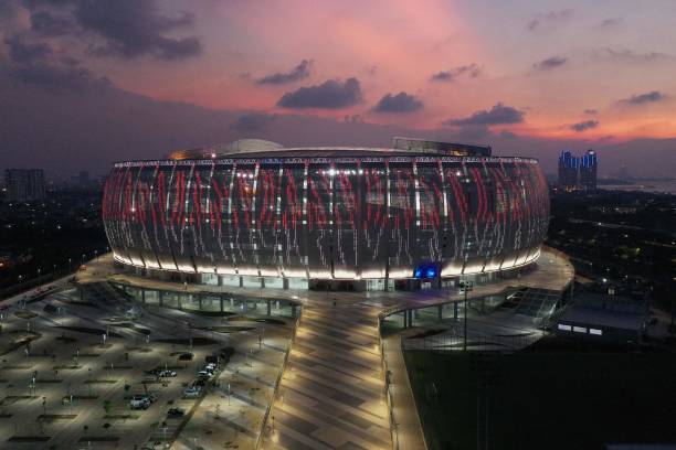 This aerial photo taken on April 17, 2022 shows the new established Jakarta International Stadium for football matches and music concerts, in Jakarta. 