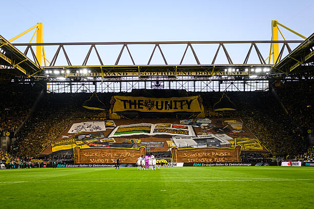 DORTMUND, GERMANY - MAY 8: (EDITORS NOTE: Image has been digitally enhanced.) General view inside the stadium with choreography ahead of the Bundesliga match between Borussia Dortmund and Eintracht Frankfurt at Signal Iduna Park on May 8, 2026 in Dortmund, Germany.