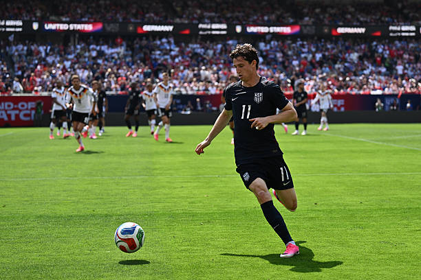 CHICAGO, ILLINOIS - JUNE 06: Brenden Aaronson of United States runs with the ball during the international friendly match between United States and Germany at Soldier Field on June 06, 2026 in Chicago, Illinois.