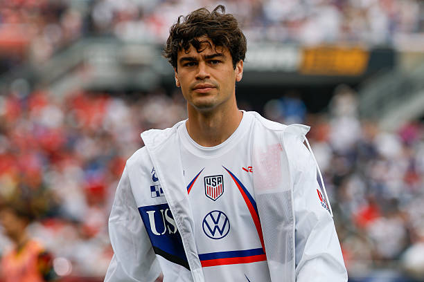 CHICAGO, ILLINOIS - JUNE 6: Gio Reyna #7 of USA walks on the field before the international friendly match between United States and Germany at Soldier Field on June 6, 2026 in Chicago, Illinois.