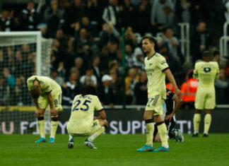 Arsenal players appear dejected after the Premier League match between Newcastle United and Arsenal at St. James's Park, Newcastle on Monday 16th May 2022. (Photo by Will Matthews/MI News/NurPhoto via Getty Images)
