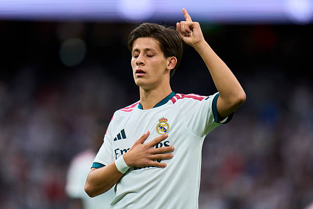 MADRID, SPAIN - AUGUST 30: Arda Guler of Real Madrid CF celebrates his team's fourth goal during the LaLiga EA Sports 2026/27 match between Real Madrid and Malaga CF at Estadio Santiago Bernabeu on August 30, 2026 in Madrid, Spain. 