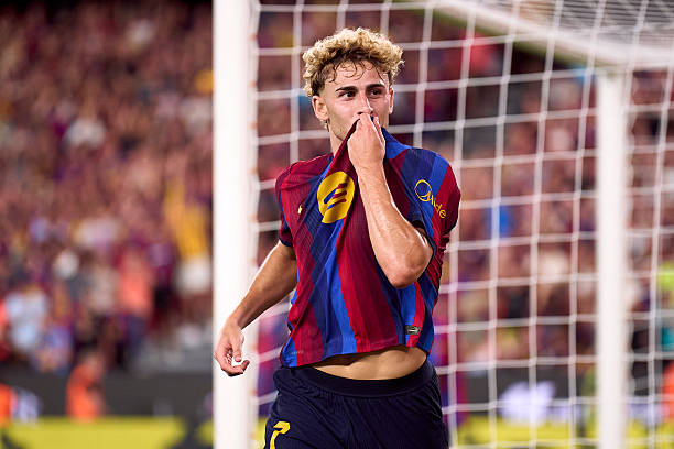 BARCELONA, SPAIN - AUGUST 27: Fermin Lopez of FC Barcelona celebrates after scoring the second goal of his team during the LaLiga EA Sports 2026/27 match between FC Barcelona and Athletic Club at Spotify Camp Nou on August 27, 2026 in Barcelona, Spain. 