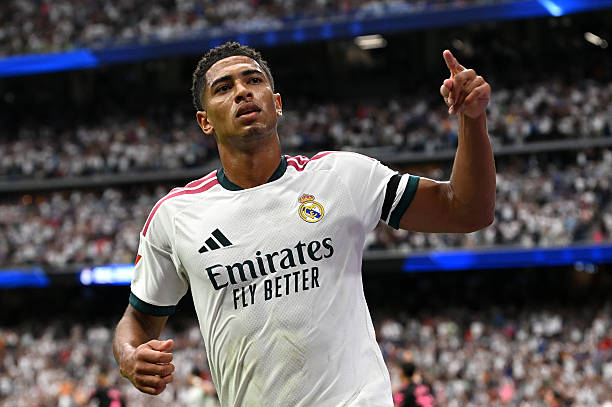 MADRID, SPAIN - AUGUST 30: Jude Bellingham of Real Madrid celebrates scoring his team’s first goal during the LaLiga EA Sports 2026/27 match between Real Madrid and Malaga CF at Estadio Santiago Bernabeu on August 30, 2026 in Madrid, Spain. 