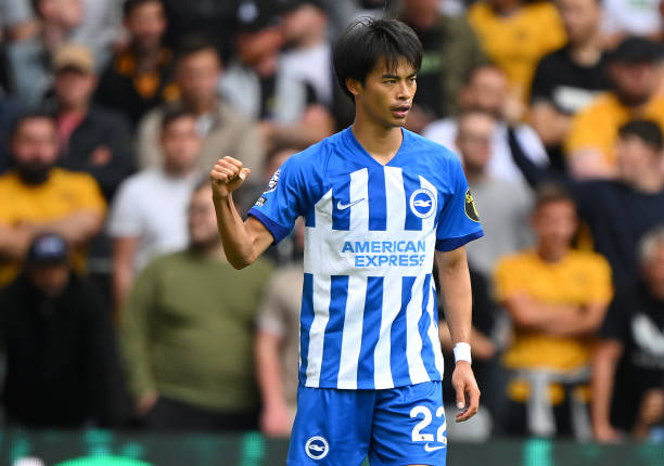 Kaoru Mitoma best wingers in the world 2023 WOLVERHAMPTON, ENGLAND - AUGUST 19: Kaoru Mitoma of Brighton & Hove Albion celebrates after scoring the team's first goal during the Premier League match between Wolverhampton Wanderers and Brighton & Hove Albion at Molineux on August 19, 2023 in Wolverhampton, England.
