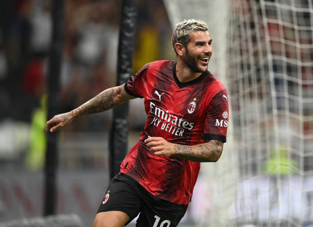 Theo Hernández MILAN, ITALY - AUGUST 26: Theo Hernandez of AC Milan celebrates after scoring the goal during the Serie A TIM match between AC Milan and Torino FC at Stadio Giuseppe Meazza on August 26, 2023 in Milan, Italy.