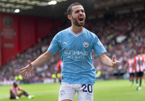 Bernardo Silva best midfielders in the world SHEFFIELD, ENGLAND - AUGUST 27: Bernardo Silva of Manchester City celebrates the second goal during the Premier League match between Sheffield United and Manchester City at Bramall Lane on August 27, 2023 in Sheffield, England.