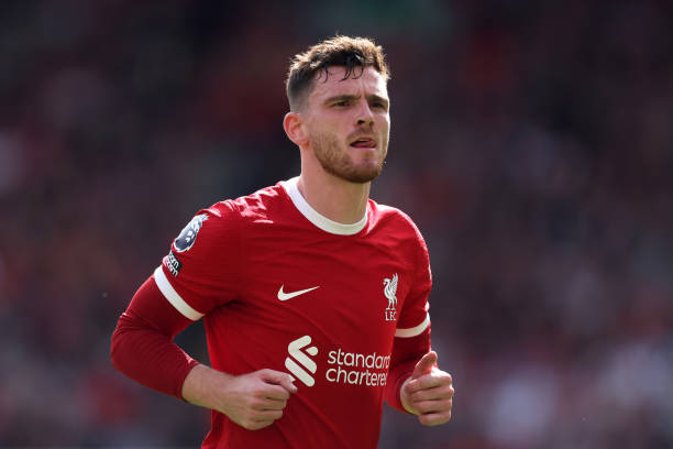 Andy Robertson best left-backs in the world LIVERPOOL, ENGLAND - AUGUST 19: Andrew Robertson of Liverpool looks on during the Premier League match between Liverpool FC and AFC Bournemouth at Anfield on August 19, 2023 in Liverpool, England.