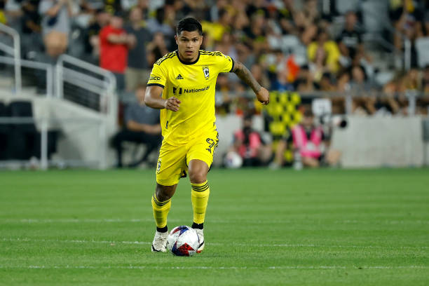 Cucho Hernandez best MLS players COLUMBUS, OHIO - AUGUST 20: Cucho Hernández #9 of the Columbus Crew controls the ball during the match against FC Cincinnati at Lower.com Field on August 20, 2023 in Columbus, Ohio. Columbus defeated Cincinnati 3-0.