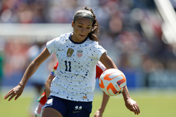 Sophia Smith best US women's soccer players SAN JOSE, CALIFORNIA - JULY 09: Sophia Smith #11 of the United States controls the ball during the second half of an international friendly against Wales at PayPal Park on July 09, 2023 in San Jose, California.