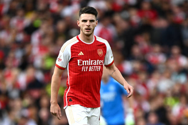 Declan Rice LONDON, ENGLAND - AUGUST 02: Declan Rice of Arsenal looks on during the pre-season friendly match between Arsenal FC and AS Monaco at Emirates Stadium on August 02, 2023 in London, England.