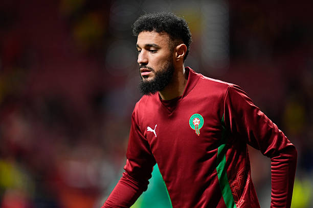 MADRID, SPAIN - MARCH 27: Noussair Mazraoui of Morocco looks on during the International Friendly, football match played between Morocco and Ecuador at Riyadh Air Metropolitano stadium on March 27, 2026, in Madrid, Spain.