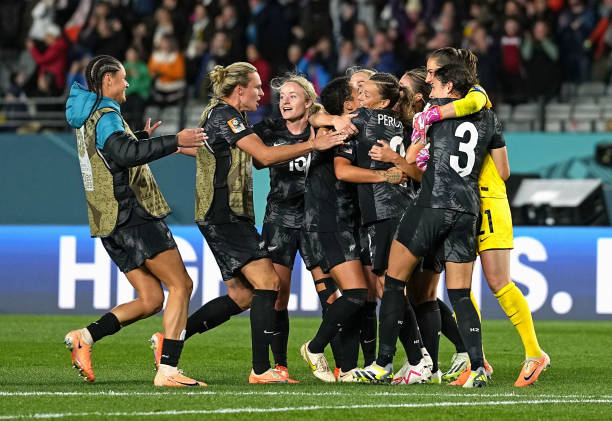 New Zealand soccer teams that play in black New Zealand players celebrate after beating Norway 1-0 in the opening match of the FIFA Women's World Cup football tournament at Eden Park in Auckland, New Zealand, on July 20, 2023.