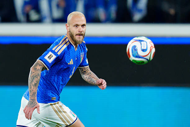 Federico Dimarco of Italy in action during the UEFA World Cup Qualifier match between Italy and Northern Ireland at New Balance Arena on March 26, 2026 in Bergamo, Italy