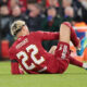 LIVERPOOL, ENGLAND - APRIL 14: Hugo Ekitike of Liverpool suffers from an achilles tendon injury during the UEFA Champions League 2025/26 Quarter-Final Second Leg match between Liverpool FC and Paris Saint-Germain (PSG) at Anfield on April 14, 2026 in Liverpool, England.