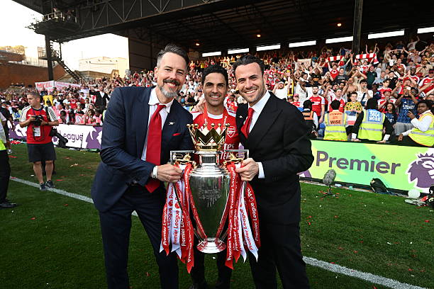LONDON, ENGLAND - MAY 24: Arsenal manager Mikel Arteta with (L) co chair Josh Kroenke and (R) owner Stan Kroenke after the Premier League match between Crystal Palace and Arsenal at Selhurst Park on May 24, 2026 in London, England. 