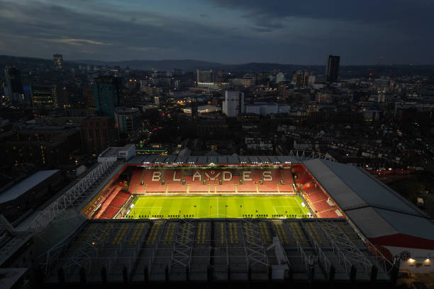 Bramall Lane oldest soccer stadiums in the world SHEFFIELD, ENGLAND - FEBRUARY 15: An aerial view of Bramall Lane stadium and the City of Sheffield prior to the Sky Bet Championship between Sheffield United and Middlesbrough at Bramall Lane on February 15, 2023 in Sheffield, England. 