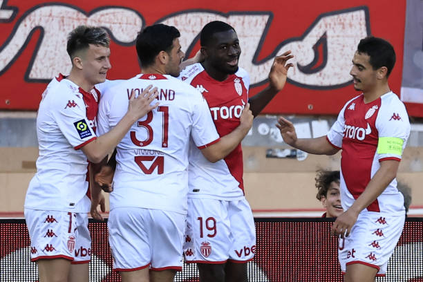 AS Monaco Soccer Teams Sponsored By Kappa Monaco's French midfielder Youssouf Fofana (C) celebrates after scoring a goal during the French L1 football match between AS Monaco and RC Strasbourg Alsace at the Louis II Stadium (Stade Louis II) in the Principality of Monaco on April 02, 2023.