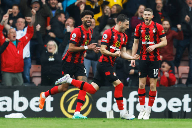 AFC Bournemouth soccer clubs that are sponsored by Umbro Bournemouth's Uruguayan defender Matias Vina (C) celebrates with teammates after scoring his team's first goal during the English Premier League football match between Bournemouth and Chelsea at the Vitality Stadium in Bournemouth, southern England on May 6, 2023.