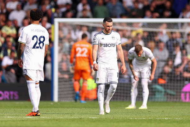 LEEDS, ENGLAND - MAY 28: A dejected Jack Harrison of Leeds United after conceding the second goal during the Premier League match between Leeds United and Tottenham Hotspur at Elland Road on May 28, 2023 in Leeds, United Kingdom