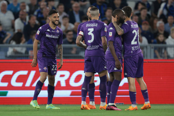 Florentina Soccer Teams That Are Sponsored by Kappa ROME, ITALY - MAY 24: Nicolas Gonzalez of ACF Fiorentina celebrates with team mates after scoring to give the side a 1-0 lead during the Coppa Italia Final between ACF Fiorentina and FC Internazionale at Stadio Olimpico on May 24, 2023 in Rome, Italy.