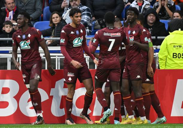 FC Metz newly promoted teams to Ligue 1 2023/24 Metzs players celebrates after scoring their team's first goal during the French Cup round of 64 football match between Olympique Lyonnais (OL) and FC Metz (FCM) at the Groupama Stadium in Decines-Charpieu, central-eastern France, on January 7, 2023.