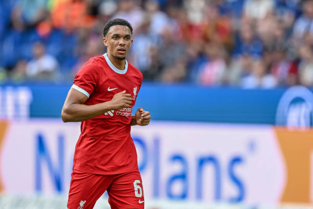 Trent Alexander-Arnold footballers with the best vision KARLSRUHE, GERMANY - JULY 19: Trent Alexander-Arnold of Liverpool FC Looks on during the pre-season friendly match between Karlsruher SC and Liverpool FC at BBBank Wildpark on July 19, 2023 in Karlsruhe, Germany.
