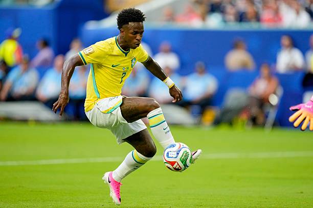 Miami, United States - June 24: Vinicius Junior of Brazil controls the ball during the FIFA World Cup 2026 Group C match between Scotland and Brazil at Miami Stadium on June 24, 2026 in Miami, United States