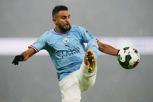 Riyad Mahrez football players with the best first touch MANCHESTER, ENGLAND - DECEMBER 22: Riyad Mahrez of Manchester City controls the ball during the Carabao Cup Fourth Round match between Manchester City and Liverpool at Etihad Stadium on December 22, 2022 in Manchester, England.