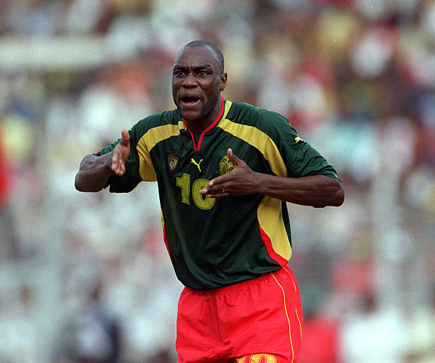 Patrick Mboma AFCON all time topscorers Football, 2002 World Cup Qualifier, African Second Round Group A, Yaounde, 25th February 2001, Cameroon 1 v Zambia 0, Cameroon+s Patrick Mboma gesticulates after a referees decision 
