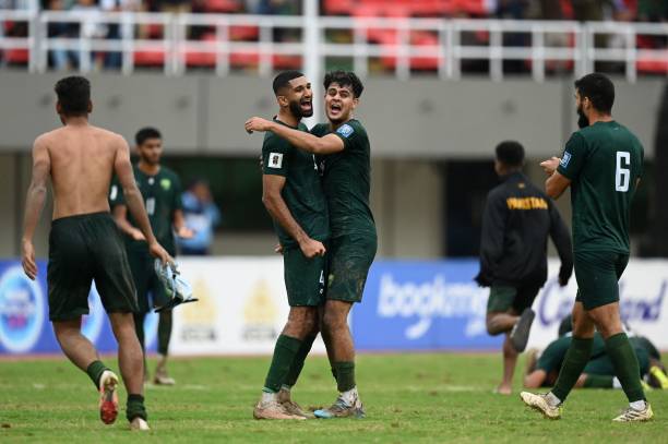 Pakistan national team Pakistan's players celebrate their win at the 2026 FIFA World Cup qualifiers football match between Pakistan and Cambodia, at the Jinnah Sports stadium in Islamabad on October 17, 2023.