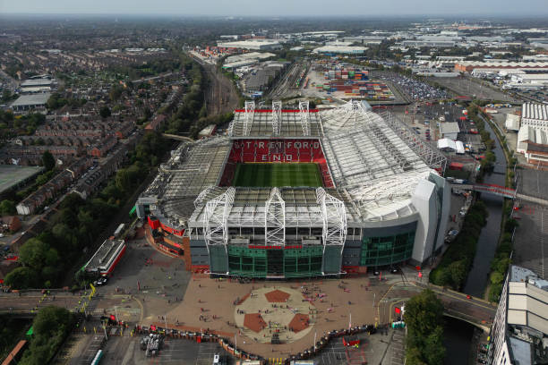 Old Trafford biggest stadiums in England MANCHESTER, ENGLAND - : An . aerial view of Old Trafford before the Premier League match between Manchester United and Brentford FC at Old Trafford on October 07, 2023 in Manchester, England