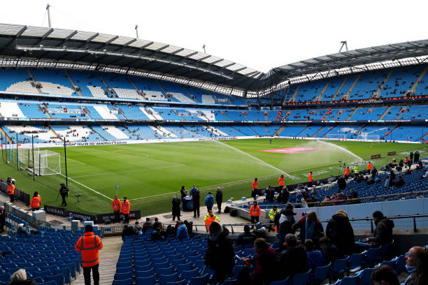 Etihad Stadium biggest stadiums in the EPL MANCHESTER, ENGLAND - JANUARY 07: General view inside the stadium prior to the Emirates FA Cup Third Round match between Manchester City and Huddersfield Town at Etihad Stadium on January 07, 2024 in Manchester, England. 