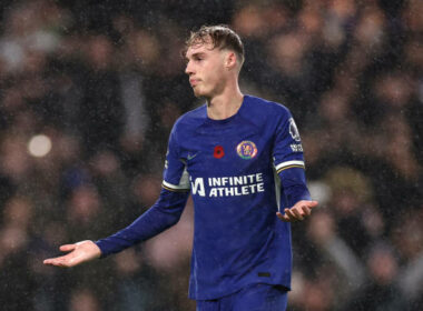 Cole Palmer LONDON, ENGLAND - NOVEMBER 12: Cole Palmer of Chelsea celebrates after scoring the team's fourth goal from a penalty during the Premier League match between Chelsea FC and Manchester City at Stamford Bridge on November 12, 2023 in London, England.