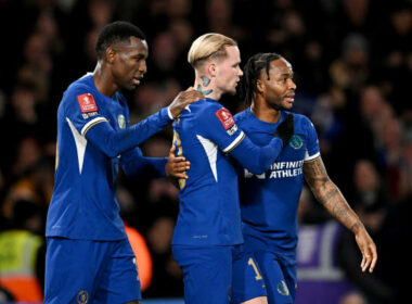 FA Cup Quarter Finals: Chelsea v Leicester LONDON, ENGLAND - FEBRUARY 28: Mykhaylo Mudryk of Chelsea celebrates scoring his team's second goal with teammates Nicolas Jackson and Raheem Sterling during the Emirates FA Cup Fifth Round match between Chelsea and Leeds United at Stamford Bridge on February 28, 2024 in London, England.