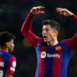 Lewandowski not afraid of Mbappe ahead of Champions League clash BARCELONA, SPAIN - MARCH 12: Robert Lewandowski of FC Barcelona celebrates scoring his team's third goal during the UEFA Champions League 2023/24 round of 16 second leg match between FC Barcelona and SSC Napoli at Estadi Olimpic Lluis Companys on March 12, 2024 in Barcelona, Spain.