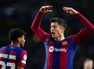 Lewandowski not afraid of Mbappe ahead of Champions League clash BARCELONA, SPAIN - MARCH 12: Robert Lewandowski of FC Barcelona celebrates scoring his team's third goal during the UEFA Champions League 2023/24 round of 16 second leg match between FC Barcelona and SSC Napoli at Estadi Olimpic Lluis Companys on March 12, 2024 in Barcelona, Spain.