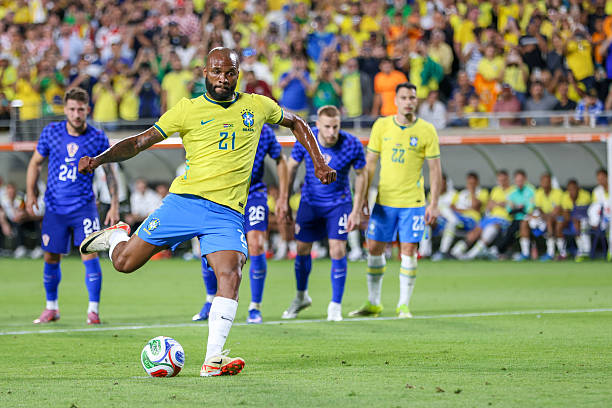 Igor Thiago top penalty takers in football ORLANDO, FLORIDA - MARCH 31: Igor Thiago #21 of Brazil takes a penalty kick during a match against Croatia at Camping World Stadium on March 31, 2026 in Orlando, Florida.