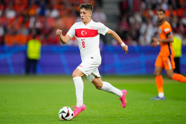 Arda Guler attacking midfield of Turkey and Real Madrid during the UEFA EURO 2024 quarter-final match between Netherlands and Türkiye at Olympiastadion on July 6, 2024 in Berlin, Germany. 