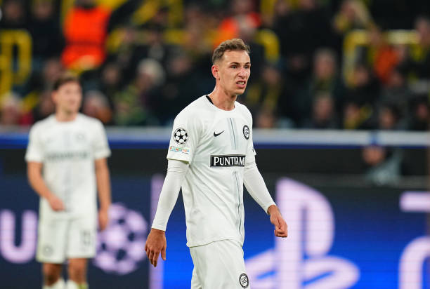 Lovro Zvonarek of SK Sturm Graz looks on during the Champions League Round 4 match between Borussia Dortmund v SK Sturm Graz at the Signal Luna Park stadium, Dortmund, Germany, on November 5, 2024.