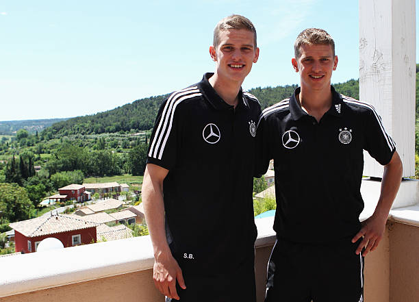 CALLIAN, FRANCE - MAY 23: Sven (L) and Lars Bender are pictured after the Germany press conference at Hotel Chateau de Camiole on May 23, 2012 in Callian, France. Soccer coaches who are brothers