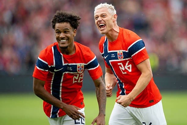 OSLO, NORWAY - JUNE 1: Julian Ryerson of Norway celebrates after scoring a goal for 1:0 during the international friendly match between Norway and Sweden at Ullevaal Stadion on June 1, 2026 in Oslo, Norway.