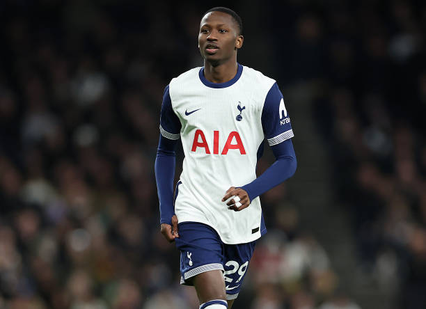 LONDON, ENGLAND - FEBRUARY 26: Pape Sarr of Tottenham Hotspur during the Premier League match between Tottenham Hotspur FC and Manchester City FC at Tottenham Hotspur Stadium on February 26, 2025 in London, England.