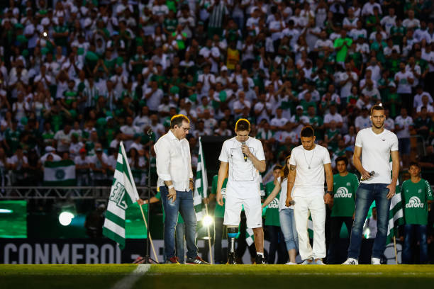CHAPECO, BRAZIL - APRIL 04: Survivors of the November 28, 2016 plane crash in Colombia that killed most of the Chapecoense football team, (L-R) Rafael Henzel, Jakson Follmann, Alan Ruschel and Helio Hermito Zampier Neto seen before the Recopa Sul-Americana 2017 final first leg match between Chapecoense and Atletico Nacional at Arena Conda on April 04, 2017 in Chapeco, Brazil. 