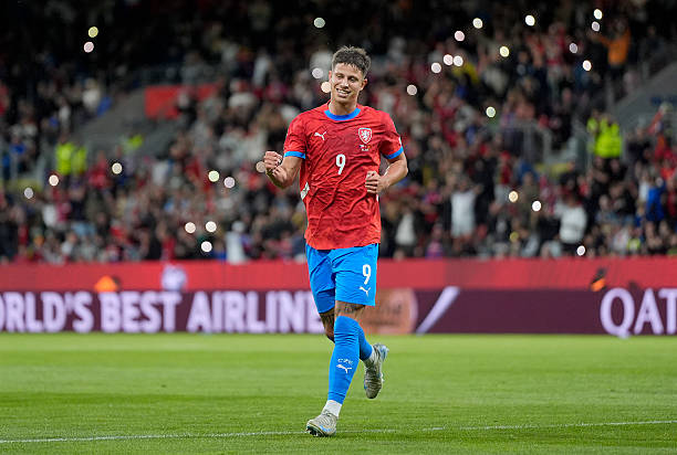 PLZEN, CZECH REPUBLIC - JUNE 06: Adam Hlozek of Czechia celebrates scoring his team's first goal during the FIFA World Cup 2026 European Qualifier between Czechia and Montenegro at Doosan Arena on June 06, 2025 in Plzen, Czech Republic