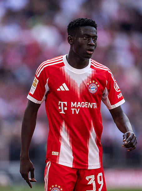 MUNICH, GERMANY - MAY 02: Bara Sapoko Ndiaye of München reacts during the Bundesliga match between FC Bayern München and 1. FC Heidenheim 1846 at Allianz Arena on May 02, 2026 in Munich, Germany. 